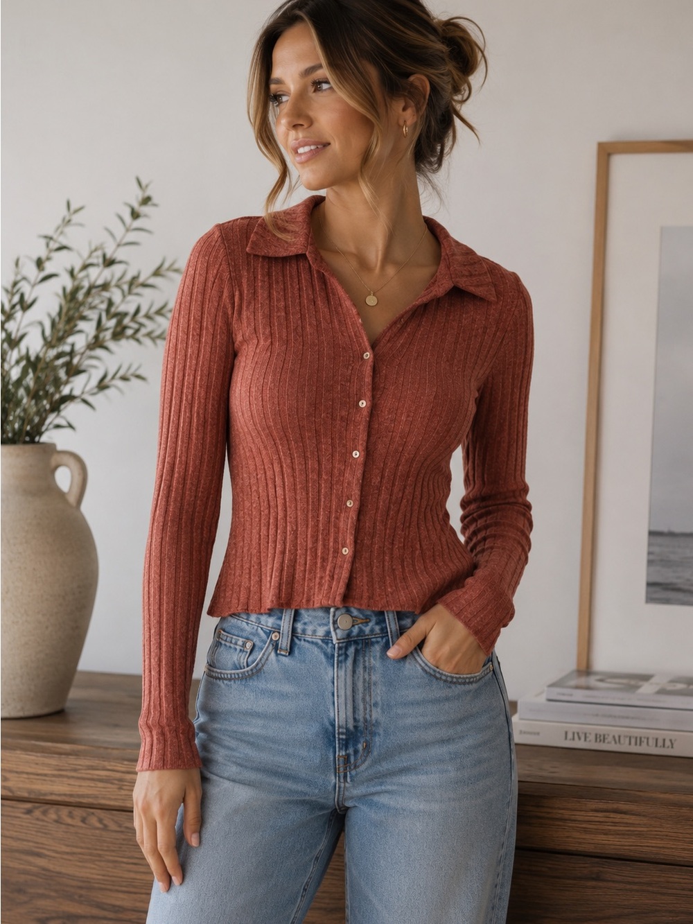 Zara Rust Ribbed Collared Button Front Top Medium Long Sleeve Y2K